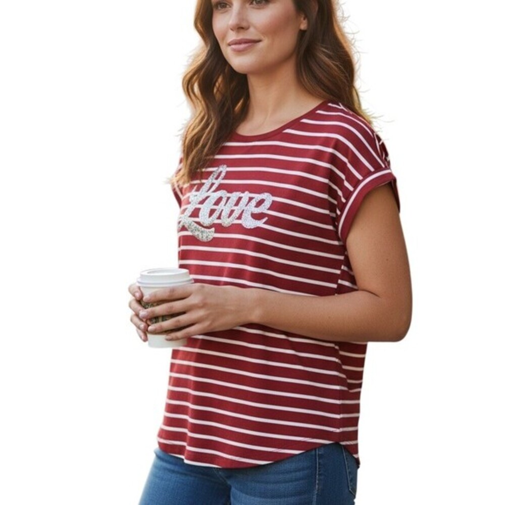 Daisy + CoCo T-Shirt Womens Small Red White Striped Scoop Neck Love Top